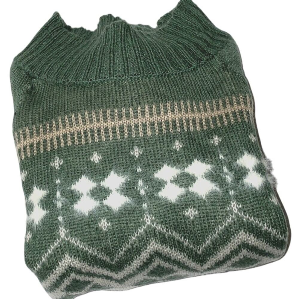 Women's Crop Sweater Fair Isle Nordic Mock Neck Sz Large Green Holiday Cabin Ski